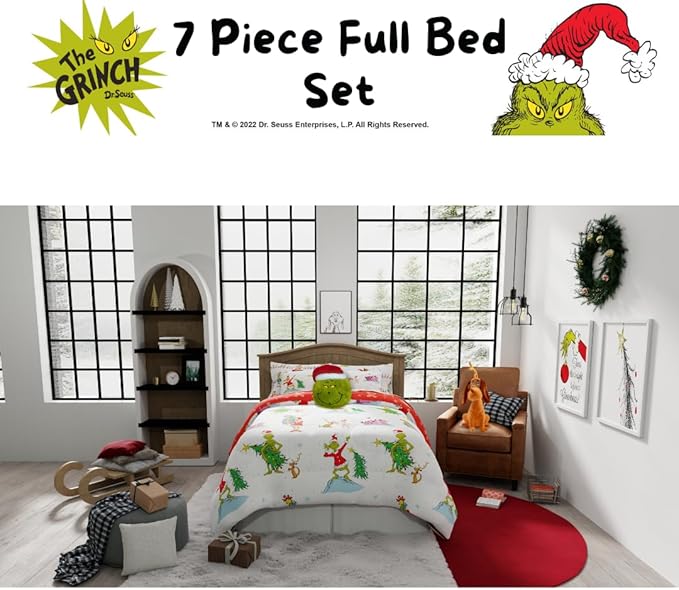 Grinch by Dr. Seuss Holiday & Christmas Bedding Super Soft Comforter and Sheet Set with Sham, 7 Piece Full Size (Official Dr. Seuss Product) by Franco