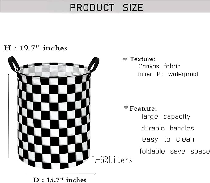 KUNRO Round Black-white Checker Laundry Basket Hamper Kids Toys and Clothes Storage Basket Children Gift Basket Baby Toy Organizer Bins for Room Decor