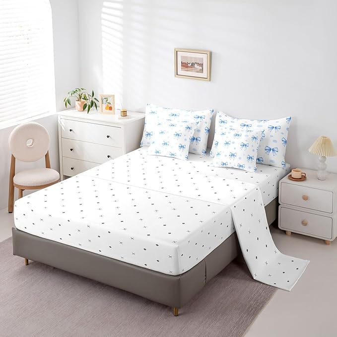 7 Pieces Blue Bowknot Kids Comforter King Size,Geometric Dots Bow Tie Patchwork Romantic Bedding Set,Bow Knot Princess Cute White Chic（Comforter+Fitted+Flat+2 Pillowcases+2 Throw Pillow Covers）