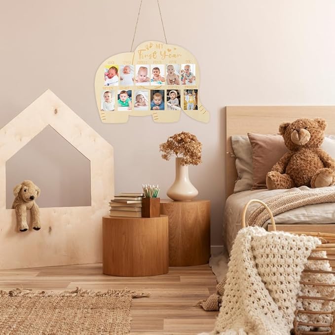My First Year Picture Frame, Baby’s First Year Photo Display Wood Board 12 Months Milestone Board Birthday Baby Keepsake Nursery Decor Gift for Boy Girl(SIZE:Elephant)