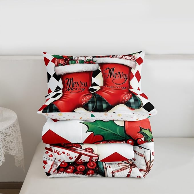 Feelyou Merry Christmas Comforter Set King Size Cartoon Shoes Bedding Set for Kids Boys Girls Duvet Quilt Winter Bedroom Decor Microfiber 3 Pcs with 2 Pillow Cases