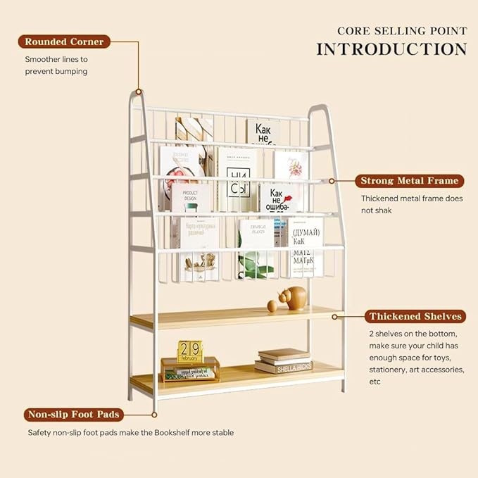 Metal Kids Bookshelf and Toy Storage Organizer,6 Tier Childrens Bookcase,Magazine Rack Floor,Book Shelf for Kids Rooms Classroom Nursery Living Room Office (White, L:39.4")