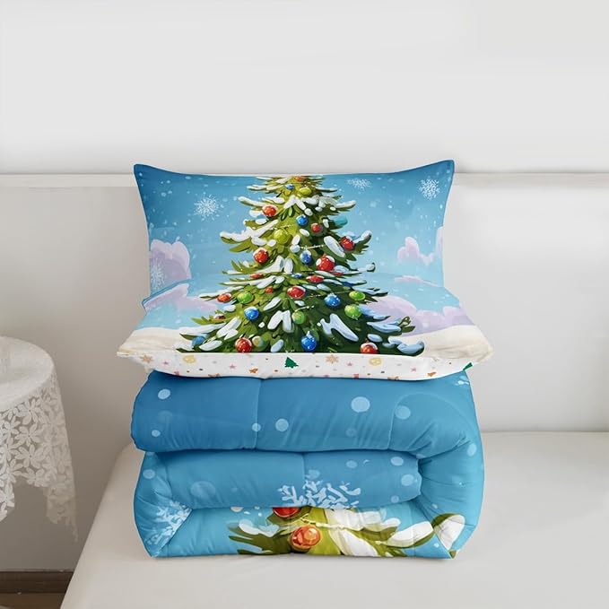Feelyou Christmas Bedding Set Soft for Boys Girls, Xmas Tree Comforter Set Queen Size Christmas Tree Ornaments Duvet Quilt Microfiber Winter Snowflake Bedroom Decor 3 Pcs with 2 Pillow Cases