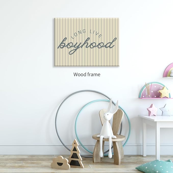 Long Live Boyhood Quote Wall Art Preppy Blue Stripe Poster 12x16 inch Framed Modern Fashion Minimalist Canvas Prints for Boy Nursery Bedroom Wall Decor