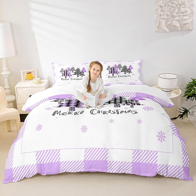Manfei Xmas Trees Duvet Cover Set Queen Size, Purple Plaid Grid Snowflake Bedding Set for Kids Girls Room Decor, Christmas Theme Comforter Cover New Year Quilt Cover with 2 Pillowcases, No Comforter