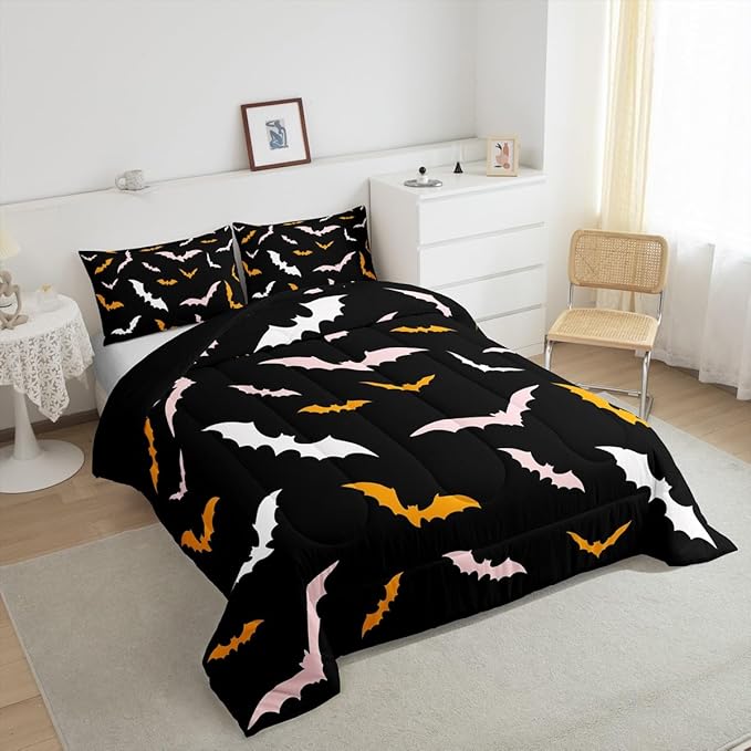 Erosebridal Bat Bedding Set Happy Halloween Comforter Set King Size for Kids Boys Bedroom Pink and Orange Bat Quilt Gothic Spooky Style Duvet Insert with 2 Pillow Cases