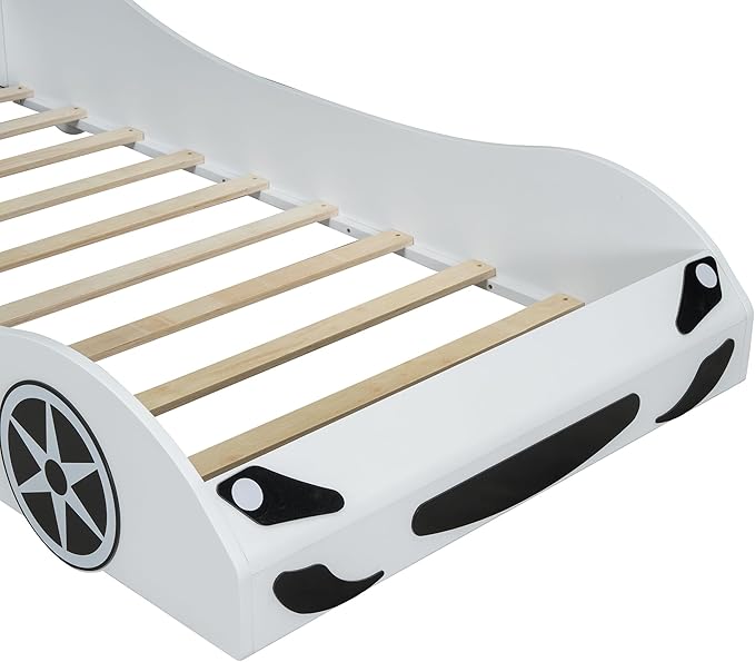 Bellemave Wood Twin Size Race Car-Shaped Platform Bed with LED and Upholstered Backrest, Kid's Platform Bed Frame with Race Car-Shaped and Safety Guardrails for Kids, Boys, Girls.(White)