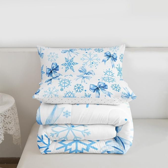 Lovely Bowknot Comforter Set Full Size,Dreamy Bowknot Dots Snowflake Kids Bedding Set,Winter Merry Christmas Girly Quilt Comforter,Blue White Duvet Insert,2 Pillowcases