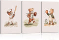 3Pcs Nursery Bear Canvas Wall Art Nursery Animal Poster Prints Teddy Bear Painting Boy Sports Picture Football Basketball Kids Room Artwork Wall Decor for Children Bedroom Playroom 12x16in Framed