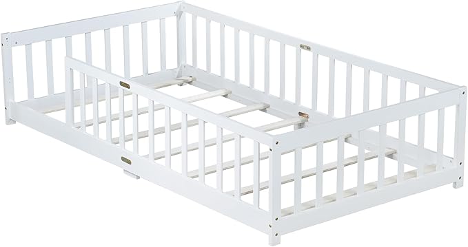 Twin Size Floor Bed for Kids, Wood Montessori Floor Beds with Fence Railings and Slats Support, Twin Playhouse Bed Frame for Boys Girls, No Box Spring Needed, White