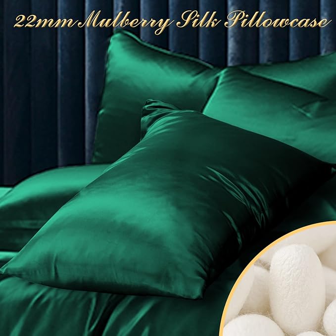 100% Mulberry Silk Pillowcase 2 Pack for Hair and Skin,with Hidden Zipper,Both Sides 22 Momme Natural Silk Pillow Cover,Soft Breathable & Smooth (Dark Green, King)
