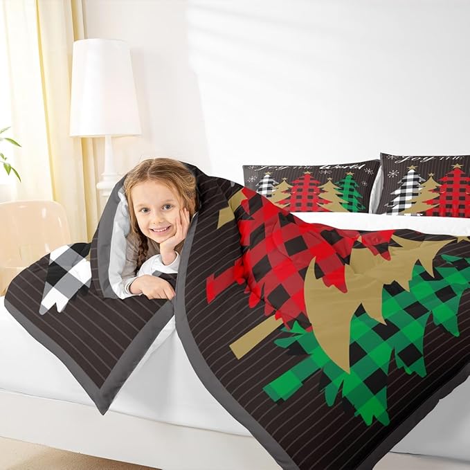 Christmas Kids Comforter Set King Size,Plaid Pine Trees Snowflake Bedding,Girls Boys Adults Bedroom/Xmas Cabin Decor,Geometric Lines Stylish Down Comforter,Rustic Colorful Duvet Insert,2 Pillowcases