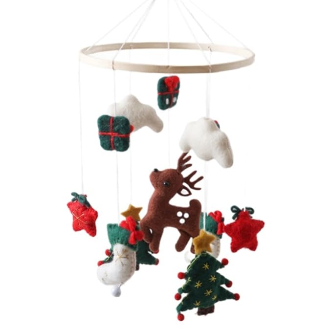 Baby Crib Mobile, Christmas Deer Crib Hanging Toy, Felt Xmas Tree Clouds Stars Baby Wind Chimes, Newborn Gifts for Girls Boys