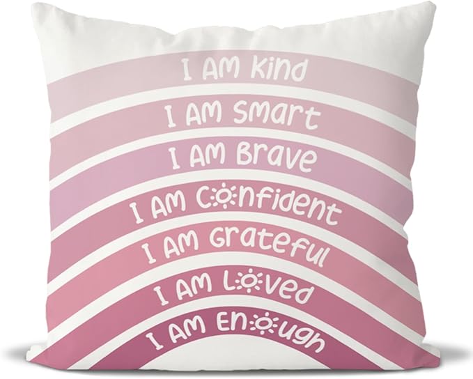 QIYUHOY Boho Rainbow Classroom Throw Pillow Covers, Book Center Calming Corner Playroom Decor Pillow Case, Pink Pillow Cover, I Am Kind Smart Brave Confidence 20x20 Inch Pillowcase(Pink)