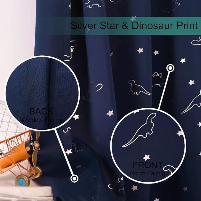 LORDTEX Dinosaur and Star Foil Print Blackout Curtains for Kids Room - Thermal Insulated Curtains Noise Reducing Window Drapes for Boys and Girls Bedroom, 52 x 63 Inch, Navy, Set of 2 Panels