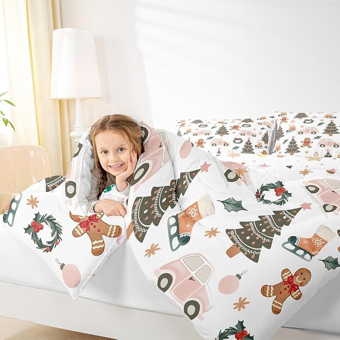 Feelyou Xmas Tree Car Comforter Set All Season Gingerbread Man Bedding Set with 2 Pillow Cases Garland Microfiber Kids King Bedclothes Bedroom Decor Duvet Quilt Breathable Soft