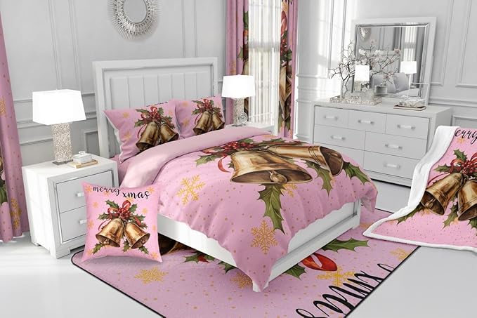 Erosebridal Merry Xmas Kids Comforter Sets Christmas Bell Toddler Bedding Sets for Girls Happy New Year Theme Down Comforter for Boys Teens Snowflake Quilt Set,Pink