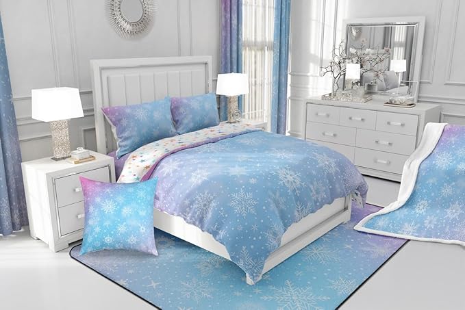 Feelyou Christmas Comforter Set All Season Winter Snowflake Bedding Set with 1 Pillow Cases Blue Purple Gradient Microfiber Kids Toddler Bedclothes Bedroom Decor Duvet Quilt Breathable Soft