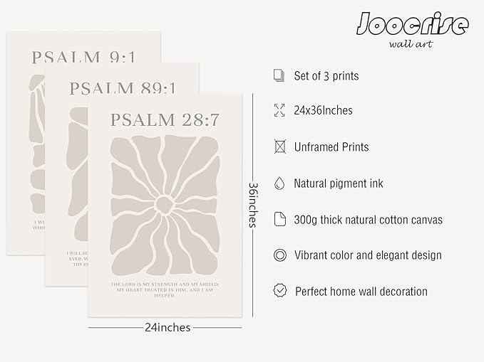 Joocrise Scripture Christian Wall Art Set of 3 Beige Bible Verses Wall Decor Neutral Psalm Canvas Wall Art Modern Pictures Flower Prints Christian Artwork for Living Room Bedroom 24x36 Inch Unframed
