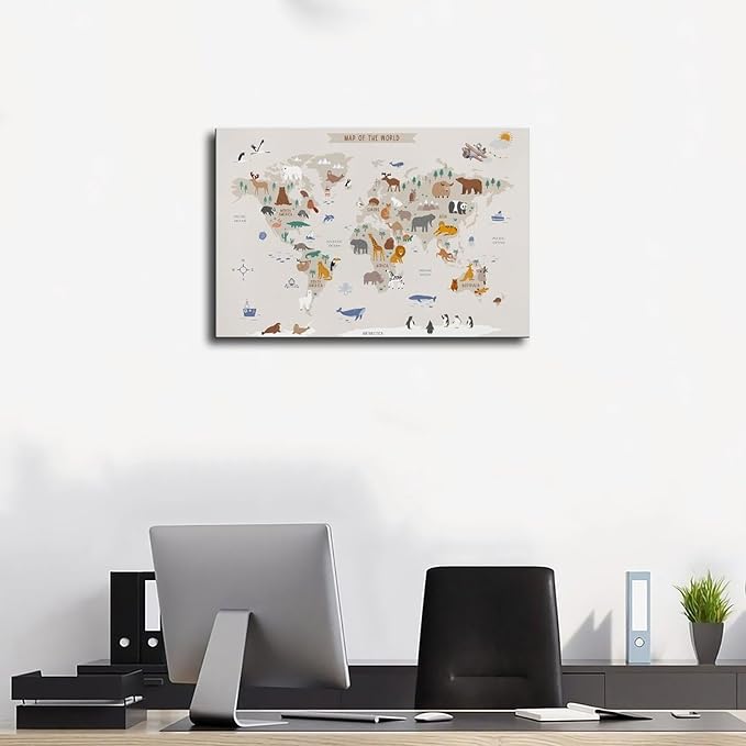 KIPNG Kids World Map - Playroom Animal World Map - Nursery Educational Poster Canvas Poster Bedroom Sports Landscape Office Room Gift Frame-style20x30inch(50x75cm)