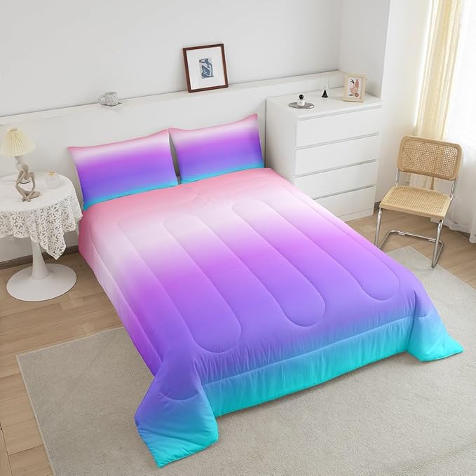 Feelyou Pink Purple Blue Comforter King Size, Rainbow Ombre Bedding Set Kids Toddler Colorful Gradient Comforter Set for Boys Girls Colorful Duvet Set Durable Bed Set 3Pcs