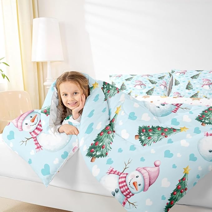 Feelyou Merry Christmas Kids Comforter Set King Size Cute Snowman Bedding Set Christmas Tree Duvet Quilt for Kids Boys Girls Bedroom Love Hearts Decor Microfiber Ultra Soft Breathable