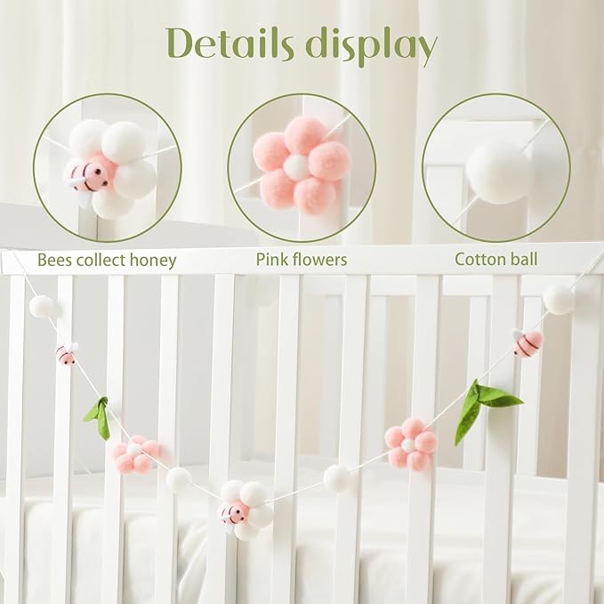Baby Mobile for Crib, Crib Nursery Mobile for Boys Girls, Boho Bee Flower Nursery Decor Soothe Toy Baby Shower Set for Infant Bedroom Hanging Decoration Toy, Pink