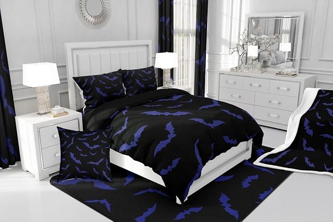 Erosebridal Bat Comforter Set King Size for Kids Boys Youth Halloween Decor Bedding Set Purple Bats Quilt Gothic Spooky Cartoon Down Comforter with 2 Pillow Cases,Black