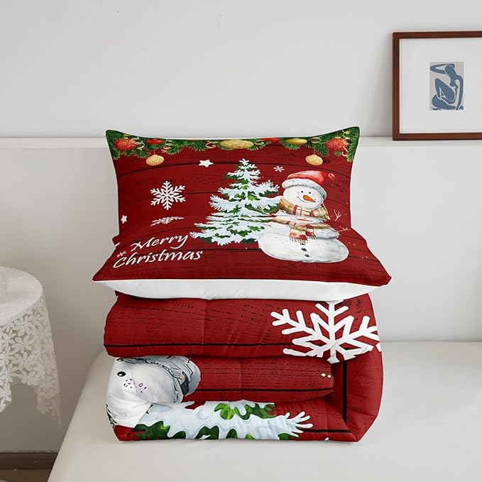 Manfei Christmas Comforter Set King Size, Cute Snowman Tree Print Quilt Set with 2 Pillowcases, New Year Theme Rustic Style Xmas Bedding Set 3pcs for Kids Boys Girls Bedroom Decor