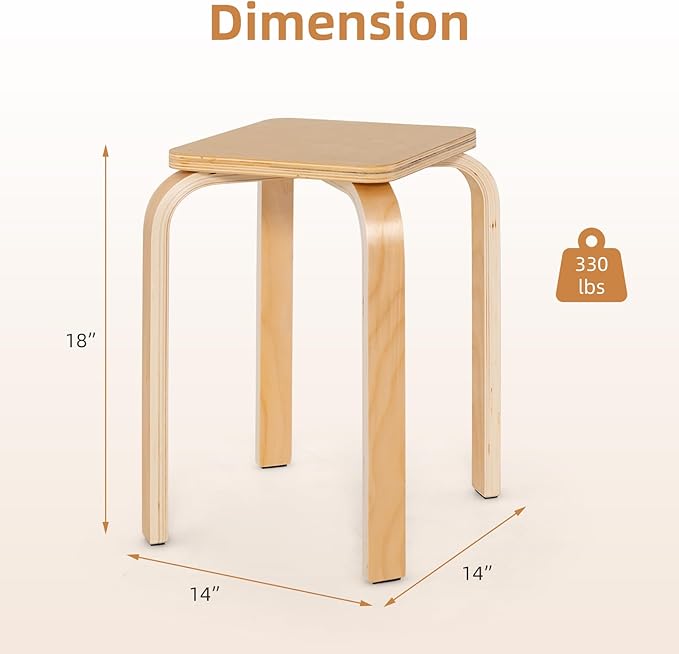 GOFLAME Stackable Wooden Stools Set of 4, Backless Chairs with Square Top, Anti-Slip Felt Mats, Portable Seating for Classroom, Office, Dinning Room, Living Room, Kitchen, Bar Counter, Natural