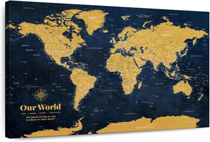 ElephantStock - Personalized Push Pin World Map - Gold Wall Art - Horizontal Canvas Wall Art - Living Room Wall Decor - Digital Art Map Canvas Art - Orange And Blue Decor - 39" x 26"