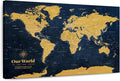 ElephantStock - Personalized Push Pin World Map - Gold Wall Art - Horizontal Canvas Wall Art - Living Room Wall Decor - Digital Art Map Canvas Art - Orange And Blue Decor - 30" x 20"