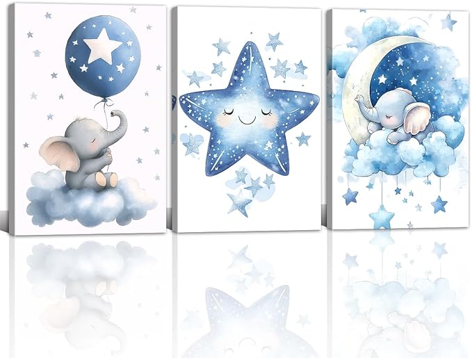 Nursery Canvas Wall Art Elephant Pictures Wall Decor Moon and Stars Painting Baby Boy Prints Cute Animal Poster Artwork for Kids Room Bathroom Decor Framed(Baby-1,24L x 36W x 3Pcs)