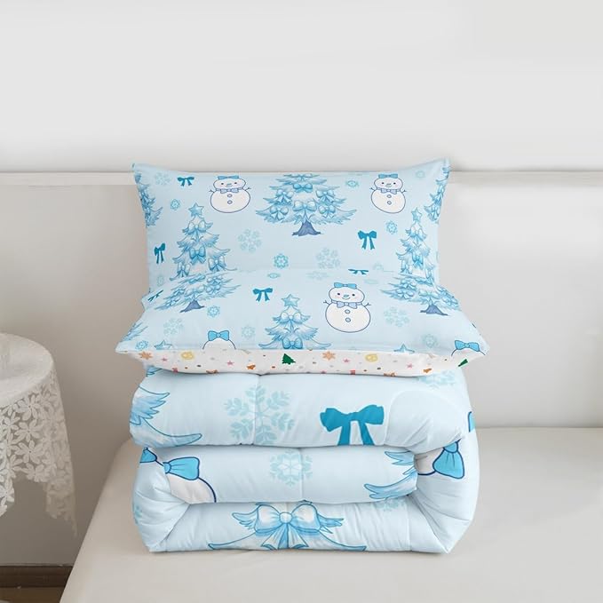 Feelyou Merry Christmas Comforter Set Queen Size Cute Snowman Bedding Set for Kids Boys Girls Cartoon Bowknot Duvet Quilt Christmas Tree Microfiber 3 Pcs with 2 Pillow Cases