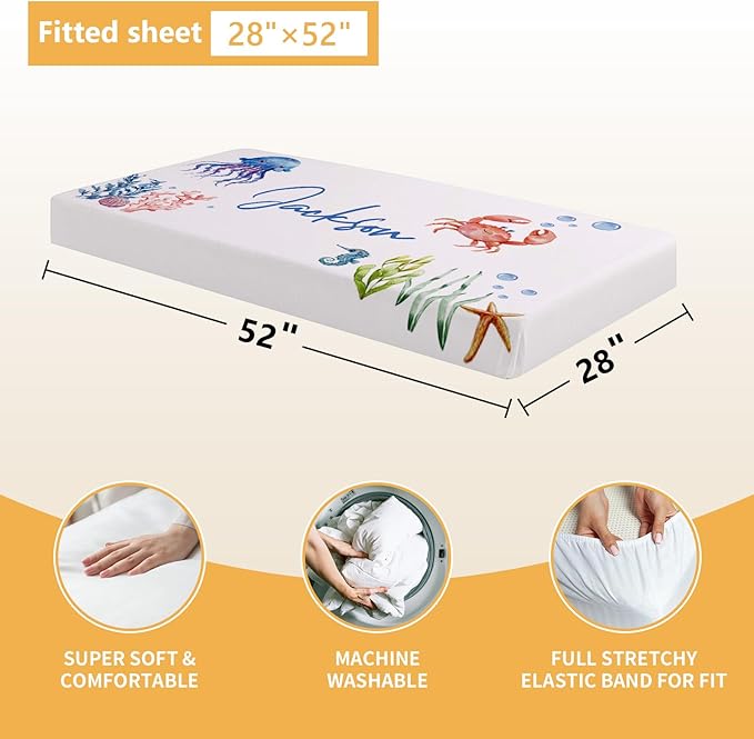 Personalized Crib Bedding Set, 5 Pcs Custom Name Nursery Bedding Sets, Marine Animals Infant Bedding Set for Baby Boy Girl, Double Layer Baby Crib Set, Babies Toddlers Kids Customized Gifts