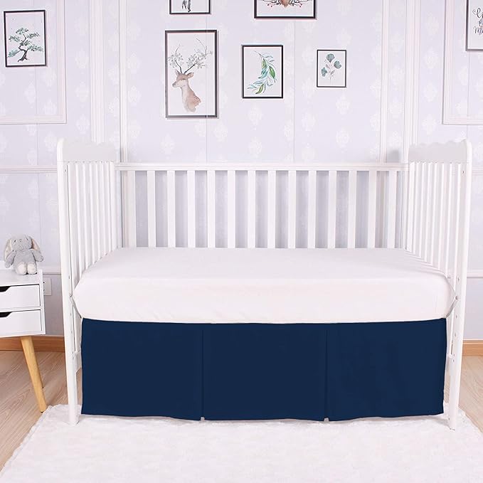 Box Pleated Mini Crib Bed Skirt Premium 100% Cotton 800 Thread Count Nursery Crib Toddler Bedding Crib Bedskirt for Baby Boys or Baby Girls, (24" x 38") + 10" Drop Lenght - Navy Blue Solid