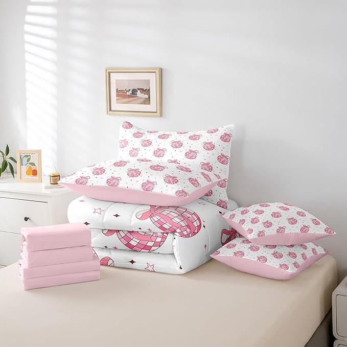 7 Pieces Bow Tie Princess Comforter Set Twin,Western Cowgirl Disco Crystal Ball Dreamy Bedding Set,Star Bowknot Patchwork Romantic Pink（Comforter+Fitted+Flat Sheet+2 Pillowcases+2 Throw Pillow Covers）