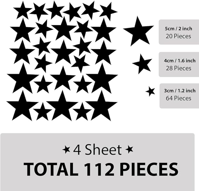 112 Pcs Black Star Wall Decals – Peel and Stick, Removable Vinyl Stickers for Kids Rooms, Nurseries & Home Decor (Matte Black Stars, Self-Adhesive)