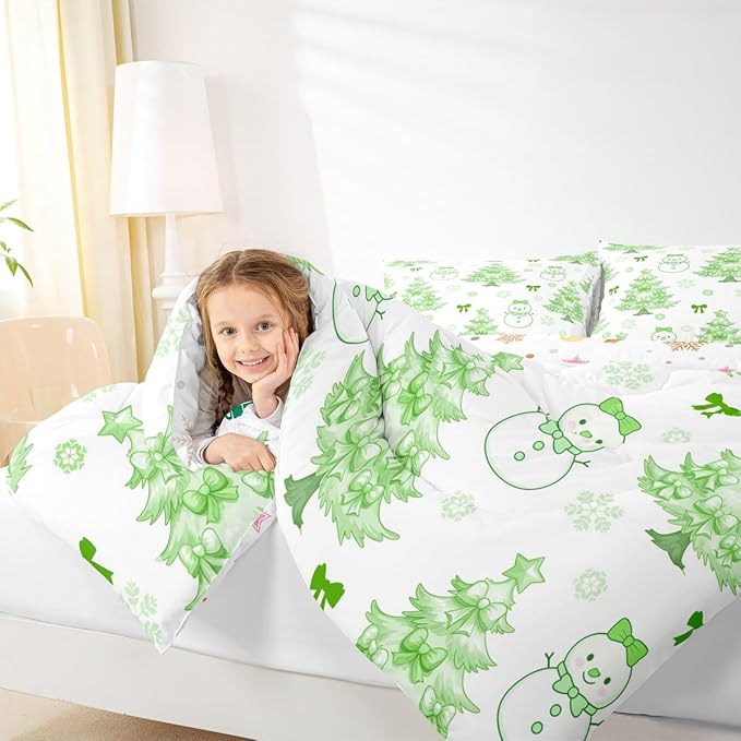 Feelyou Merry Christmas Comforter Set All Season Cute Snowman Bedding Set with 2 Pillow Cases Cartoon Bowknot Microfiber Kids King Bedclothes Christmas Tree Duvet Quilt Breathable Soft Lightweight