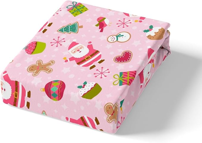 Manfei Christmas Duvet Cover Set Twin Size, Santa Claus Xmas Trees Snowflake Comforter Cover with 1 Pillowcase, New Year Pink Bedding Set 2pcs for Kids Girls Lightweight Bedspread Cover,No Comforter