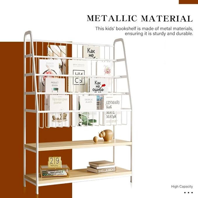 Metal Kids Bookshelf and Toy Storage Organizer,6 Tier Childrens Bookcase,Magazine Rack Floor, Book Shelf for Kids Rooms Classroom Nursery Living Room Office (White, L:31.5")