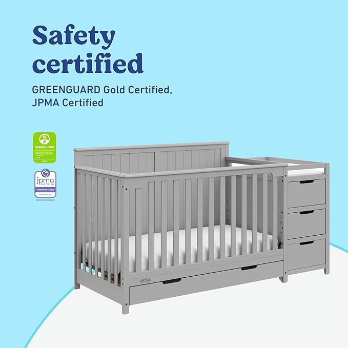 Graco Hadley 5-in-1 Convertible Crib & Changer (Pebble Gray) – GREENGUARD Gold Certified, Fits Standard Crib Mattress, Converts to Toddler Bed and Full Bed, 4 Adjustable Mattress Heights