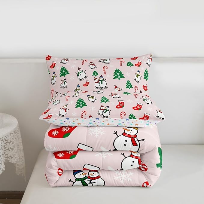 Feelyou Pink Christmas Comforter Set Queen Size Snowman Bedding Set for Kids Boys Girls Snowflake Duvet Quilt Xmas Tree Bedroom Decor Microfiber 3 Pcs with 2 Pillow Cases