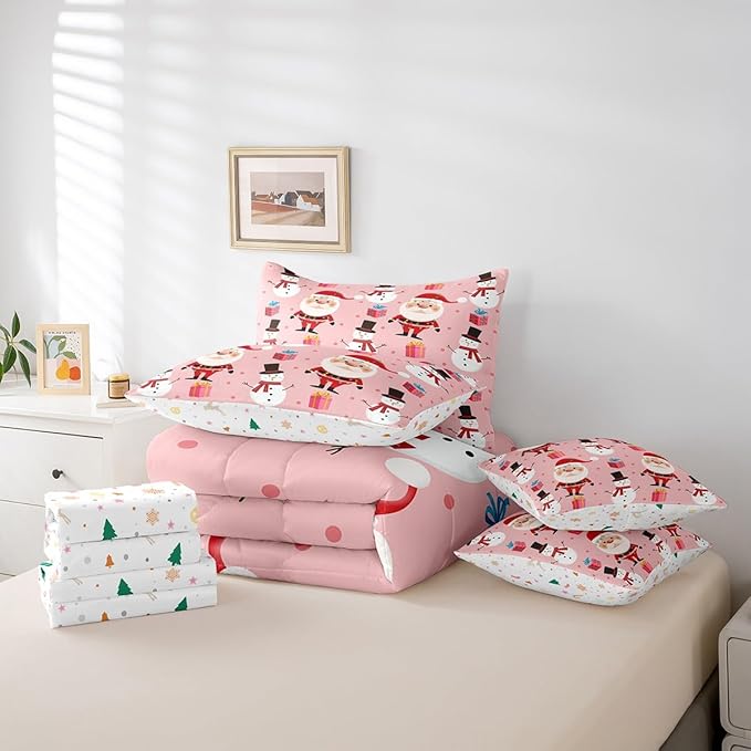 Feelyou Christmas Bed in a Bag Merry Christmas Snowman Comforter Set with Sheets for Kids Boys Girls Decor Santa Claus Bed Set Kawaii Pink Bedding Set Bedroom Collection Queen Size