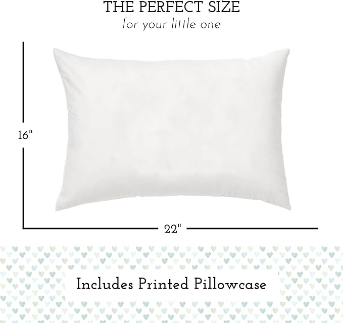 Little Sleepy Head Youth Pillow with Pillowcase 16x22, Jumbo Toddler Pillows, Hypoallergenic Pillowcase - Best Kids Pillows for Sleeping, Perfect Kids Travel Pillow (Hearts Sage)