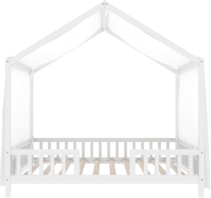 Montessori Floor Bed with Canopy, High Railings and Roof, Twin Size Wood House Bed Frame for Kids Bedroom (White/C2)
