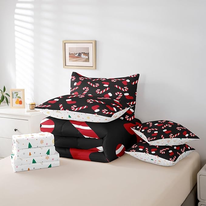 Merry Christmas Kids Bedding Set Xmas Theme Comforter Set with Sheets for Boys Girls Christmas Stockings Candy Decor Bed in a Bag Red Black Xmas Theme Bed Set 7Pcs Queen Size