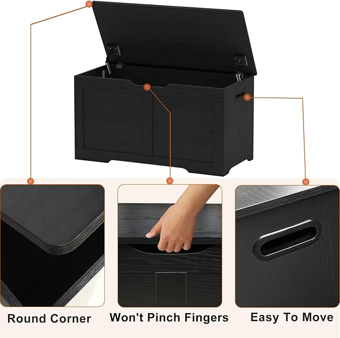 31.5" Storage Chest, Wooden Storage Bench, Lift Top Toy Chest with 2 Safety Hinges, Large Toy Box, Entryway Shoes Bench for Living Room, Bedroom, Black