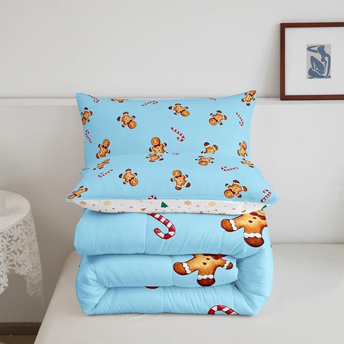 jejeloiu Kids Cute Gingerbread Man Comforter Set Queen Size Christmas Theme Bedding Set for Boys Girls Teens Xmas Candy Cane Happy New Year Duvet Quilt Room Decor