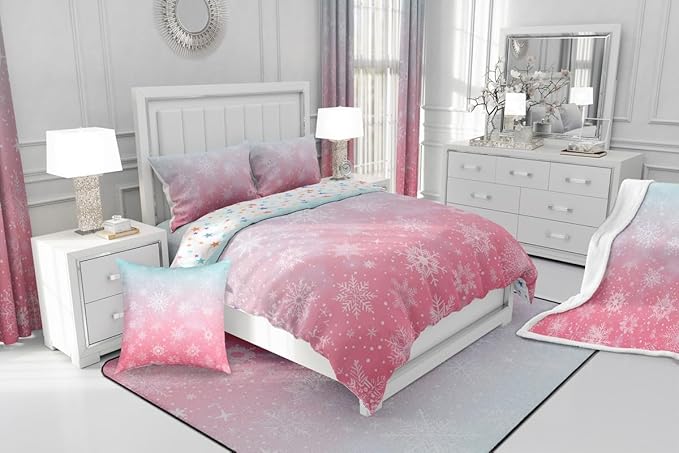 Feelyou Christmas Comforter Set Queen Size Winter Snowflake Bedding Set for Kids Boys Girls Blue Pink Gradient Duvet Quilt Bedroom Decor Microfiber 3 Pcs with 2 Pillow Cases